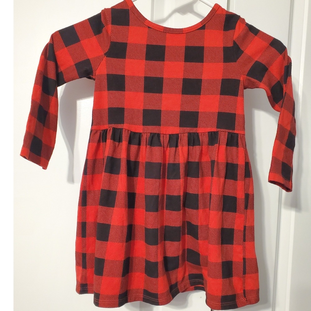 Cat & Jack Girls Sz 4 Red Black Buffalo Plaid Long Sleeve Dress Holiday